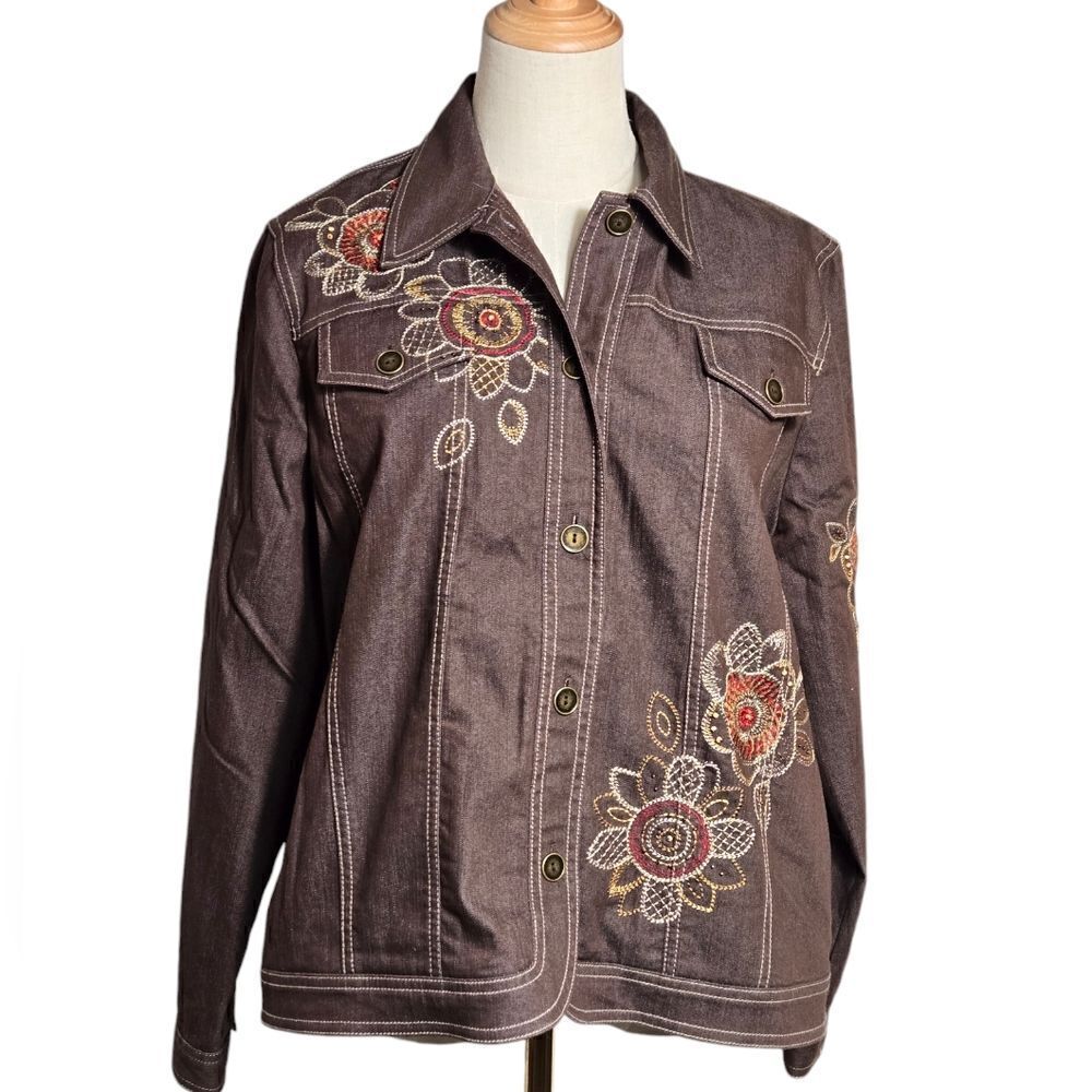 Alfred Dunner Brown Floral Embroidered Denim Jacket